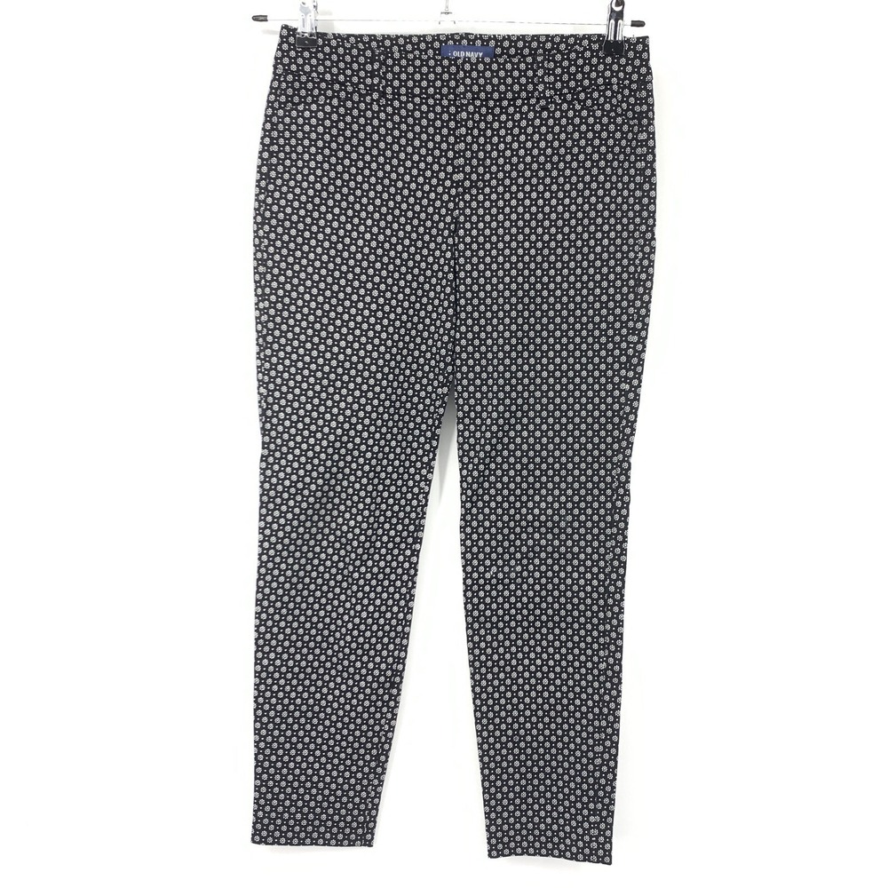 Old Navy Women 4 Pixie Pant Black White Flower Printed Mid Rise Slim Trouser
